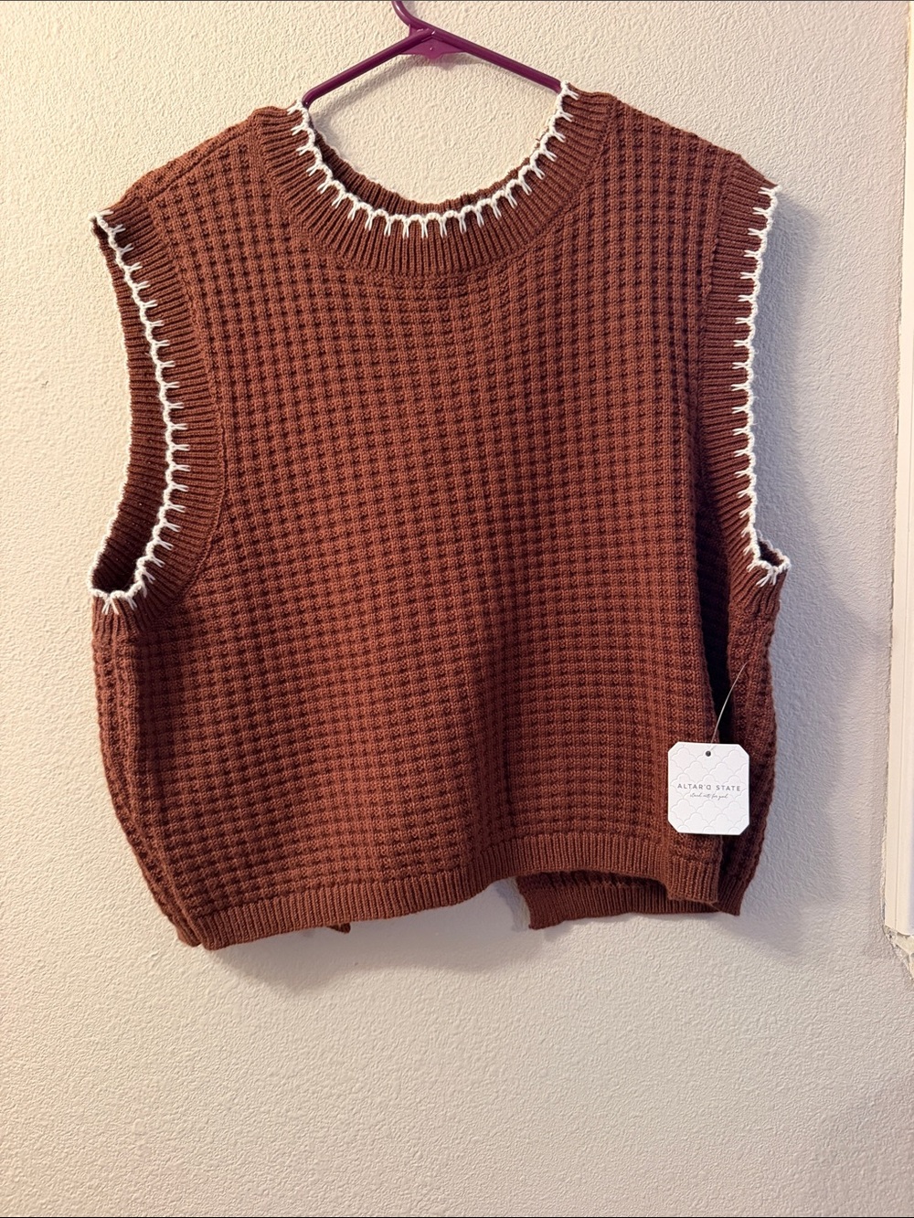 Altar'd State Brown Waffle Knit Sleeveless Sweater Vest with White Trim - Picture 2 of 2